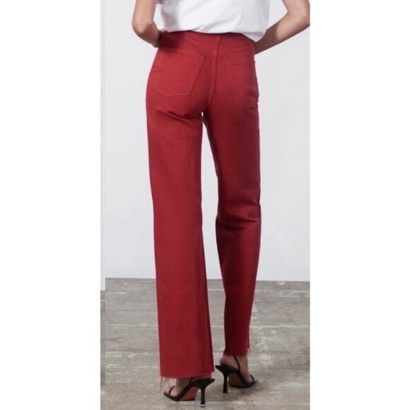 Zara Women's 90s Full Length Wide Leg Jean Size 4 Red Raw Hem - Picture 6 of 14